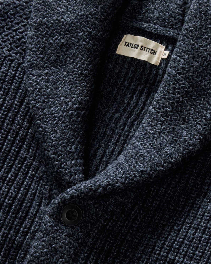 material shot of the collar on The Mariner Shawl Cardigan in Ink Slub