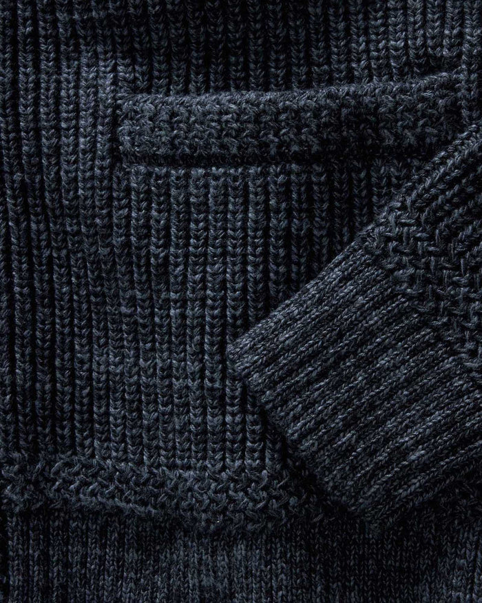 material shot of the sleeves on The Mariner Shawl Cardigan in Ink Slub