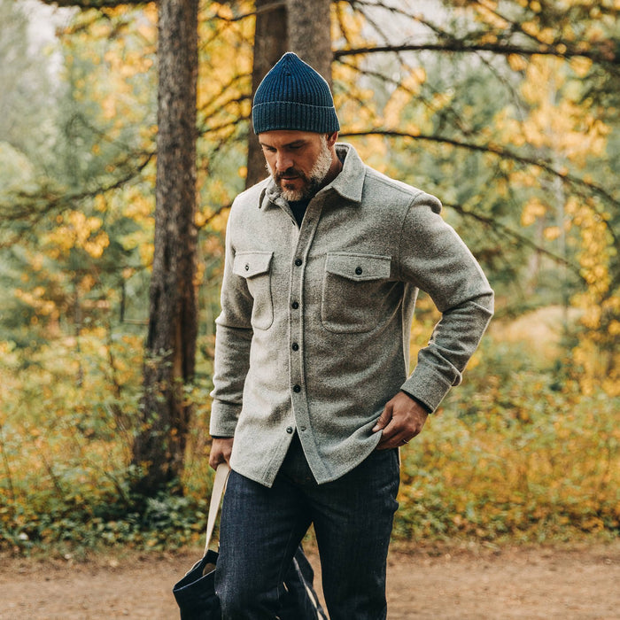 fit model wearing The Maritime Shirt Jacket in Ash Donegal, looking down