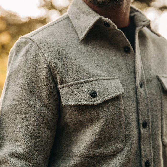 fit model wearing The Maritime Shirt Jacket in Ash Donegal, chest