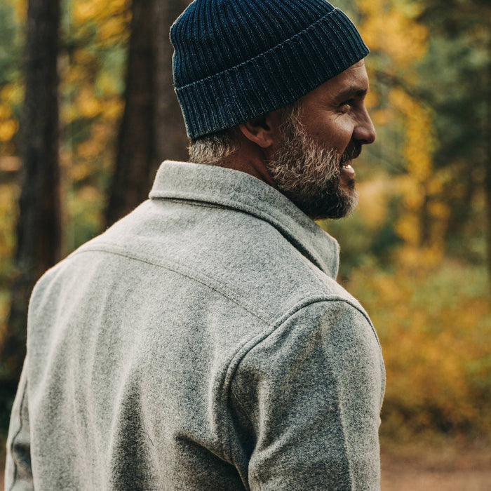 fit model wearing The Maritime Shirt Jacket in Ash Donegal, back