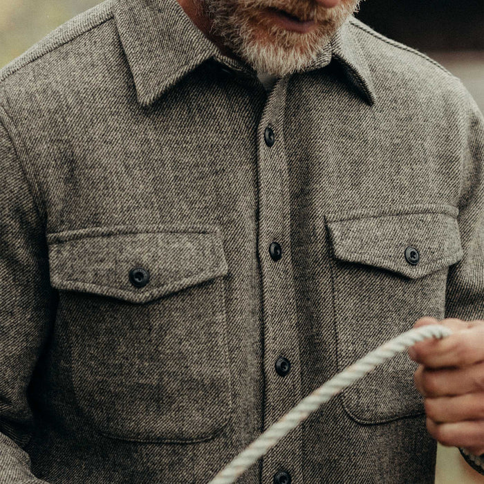 fit model showing off the pockets on The Maritime Shirt Jacket in Ash Twill