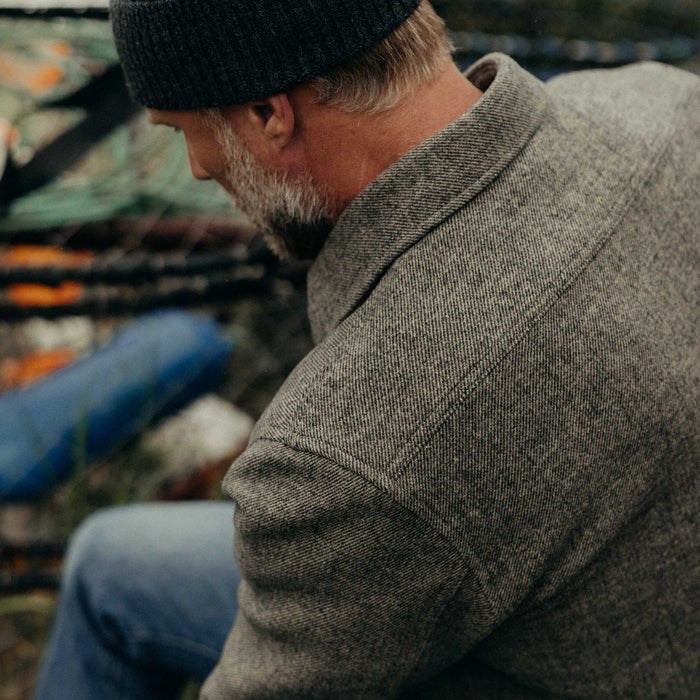 fit model showing off the shoulder detail on The Maritime Shirt Jacket in Ash Twill