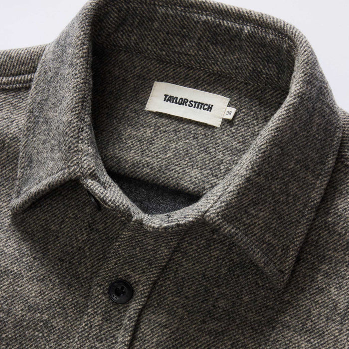 material shot of the collar on The Maritime Shirt Jacket in Ash Twill