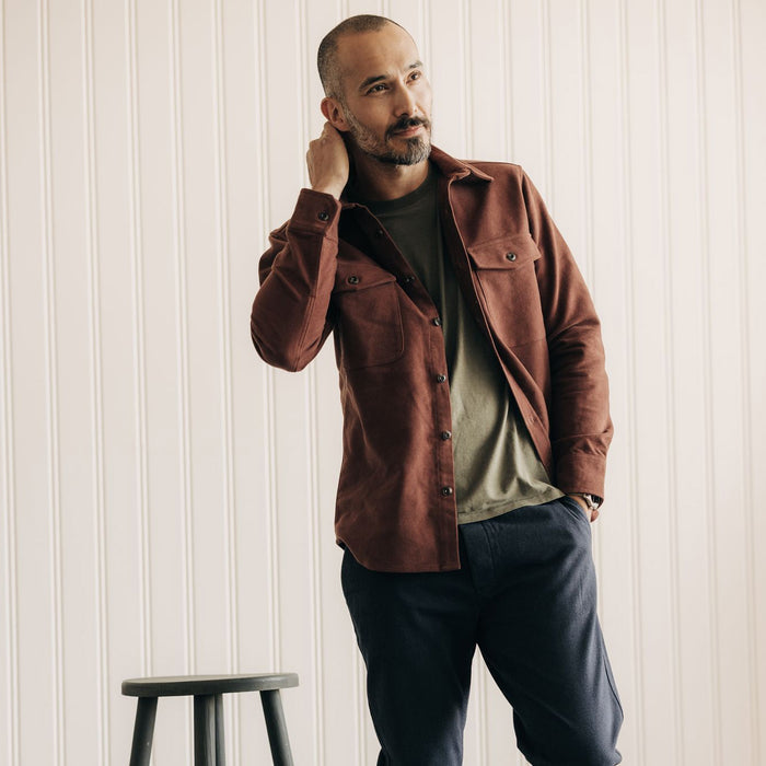 fit model standing in The Maritime Shirt Jacket in Black Cherry Moleskin