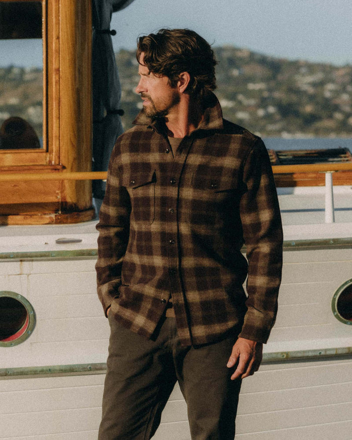fit model in The Maritime Shirt Jacket in Burgundy Plaid