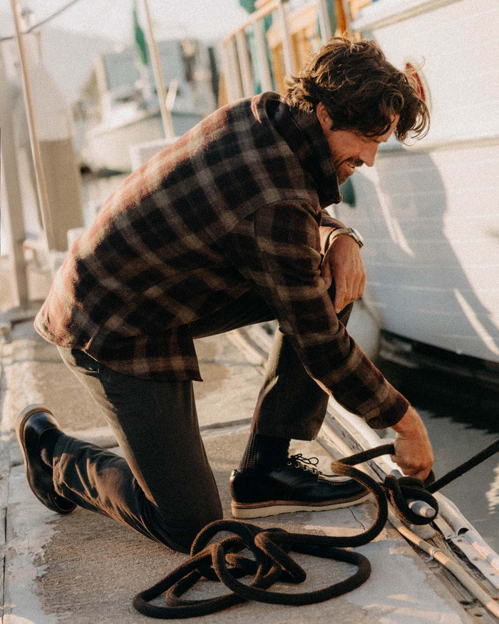 fit model showing the front of The Maritime Shirt Jacket in Burgundy Plaid