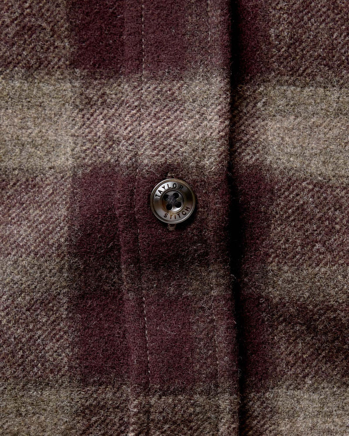 flatlay of The Maritime Shirt Jacket in Burgundy Plaid, shown open