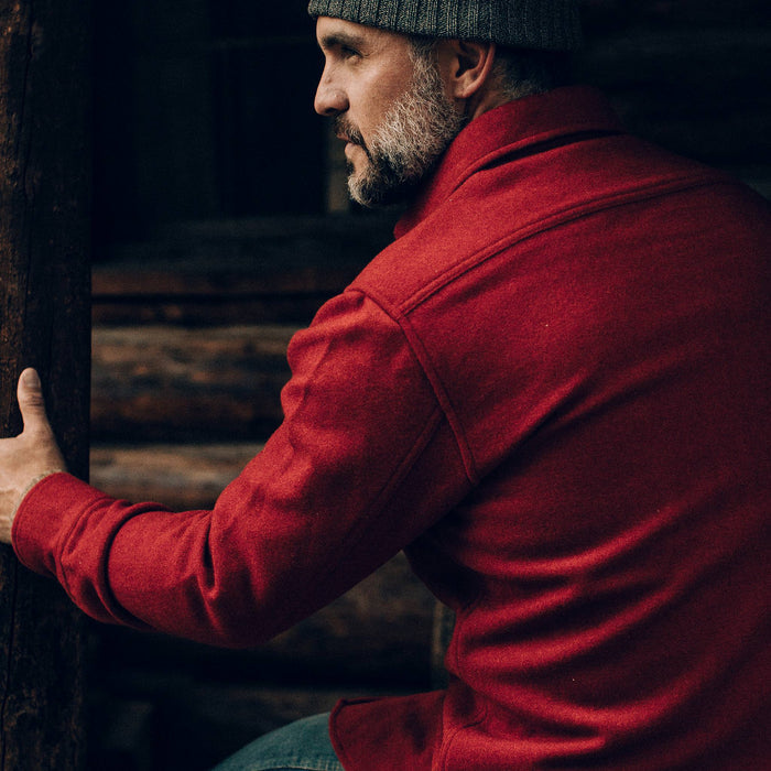 our fit model wearing The Maritime Shirt Jacket in Clifford Red—back shot