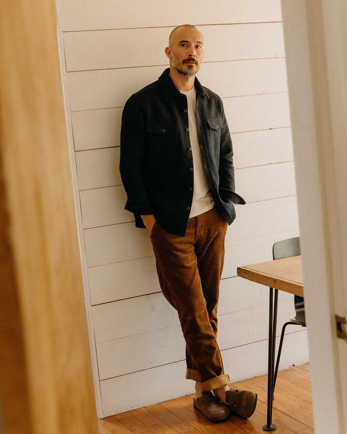 fit model posing in The Maritime Shirt Jacket in Dark Navy Moleskin Twill