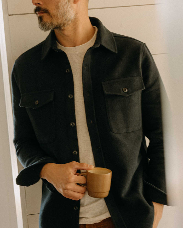 fit model showing off The Maritime Shirt Jacket in Dark Navy Moleskin Twill