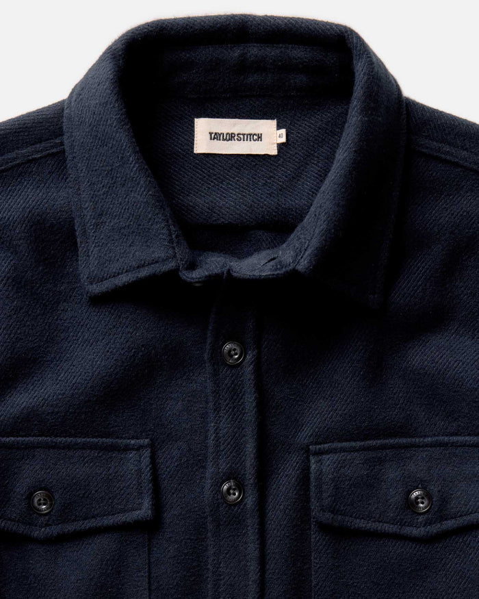 material shot of the collar on The Maritime Shirt Jacket in Dark Navy Moleskin Twill