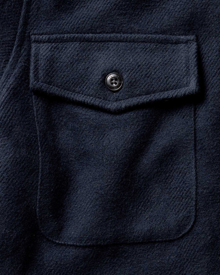 material shot of the pocket on The Maritime Shirt Jacket in Dark Navy Moleskin Twill