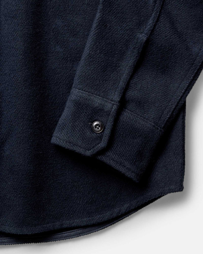 material shot of the sleeve on The Maritime Shirt Jacket in Dark Navy Moleskin Twill