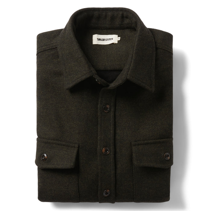 flatlay of The Maritime Shirt Jacket in Evergreen Twill folded