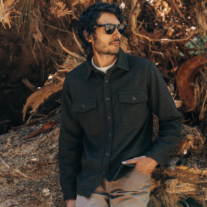 fit model posing by a tree in The Maritime Shirt Jacket in Evergreen Twill