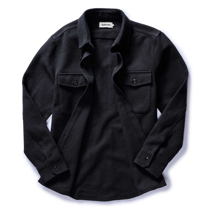 flatlay of The Maritime Shirt Jacket in Faded Black Moleskin Twill open