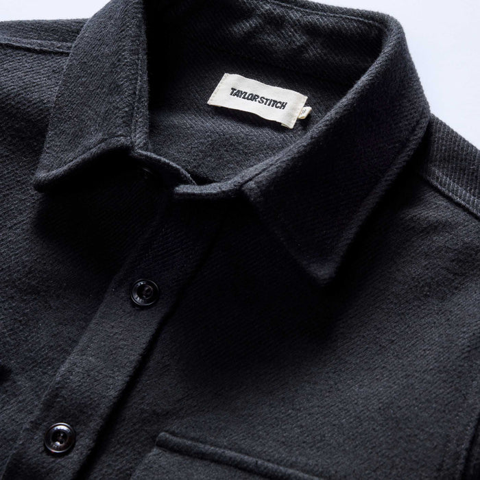 material shot of the collar on The Maritime Shirt Jacket in Faded Black Moleskin Twill