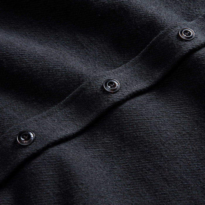 material shot of the buttons on The Maritime Shirt Jacket in Faded Black Moleskin Twill
