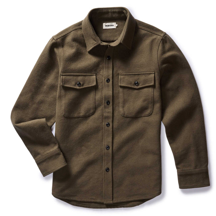 flatlay of The Maritime Shirt Jacket in Fatigue Olive Moleskin Twill
