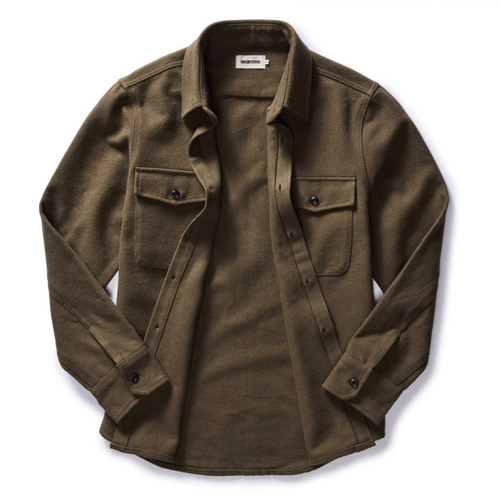 flatlay of The Maritime Shirt Jacket in Fatigue Olive Moleskin Twill open