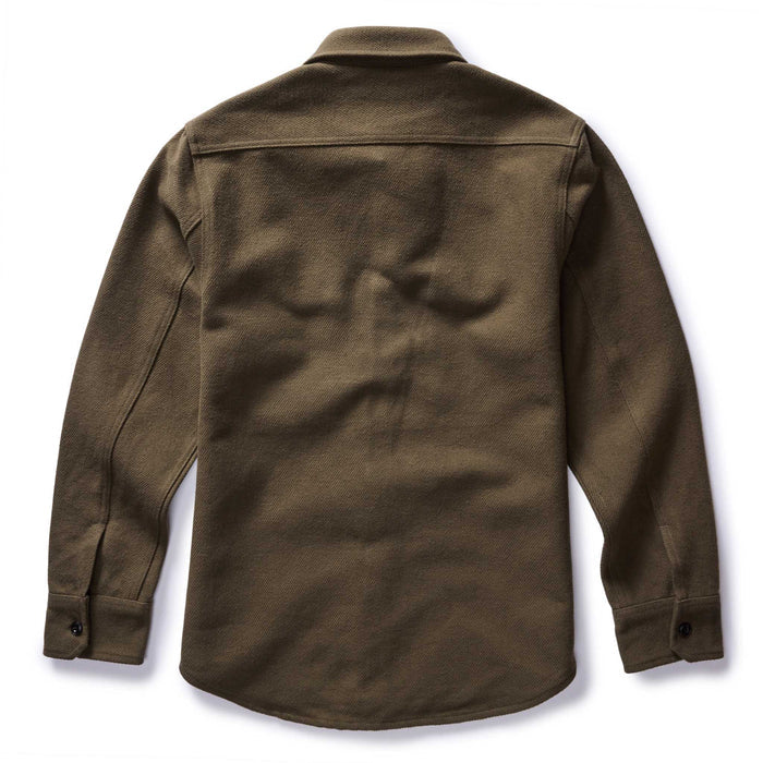 flatlay of the back of The Maritime Shirt Jacket in Fatigue Olive Moleskin Twill
