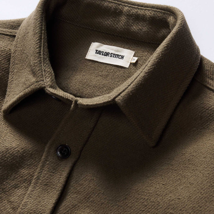 material shot of the collar on The Maritime Shirt Jacket in Fatigue Olive Moleskin Twill