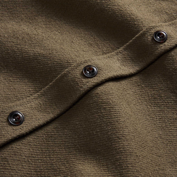 material shot of the buttons on The Maritime Shirt Jacket in Fatigue Olive Moleskin Twill