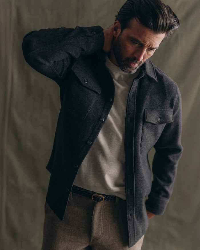 fit model posing in The Maritime Shirt Jacket in Heather Charcoal Wool