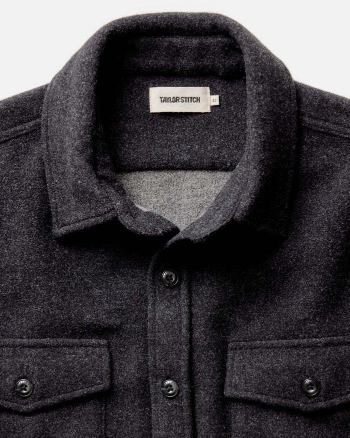 material shot of the collar on The Maritime Shirt Jacket in Heather Charcoal Wool