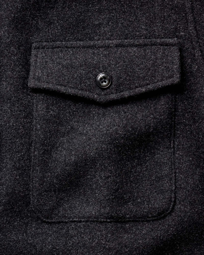 material shot of the pocket on The Maritime Shirt Jacket in Heather Charcoal Wool