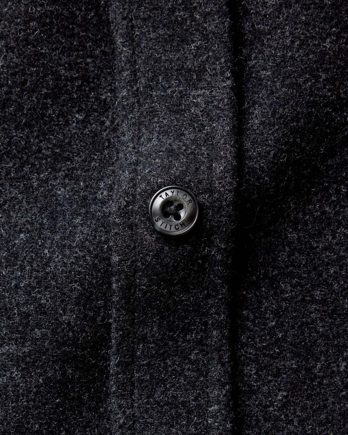 material shot of the buttons on The Maritime Shirt Jacket in Heather Charcoal Wool