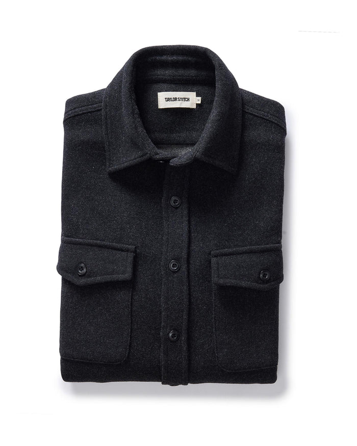 folded flatlay of The Maritime Shirt Jacket in Heather Charcoal