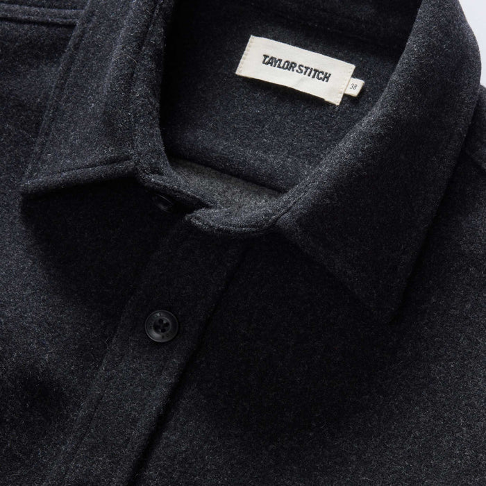 material shot of the collar of The Maritime Shirt Jacket in Heather Charcoal
