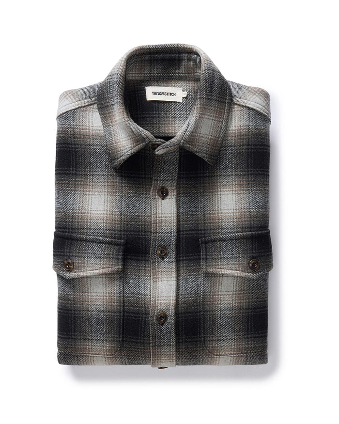 folded flatlay of The Maritime Shirt Jacket in Olive Plaid