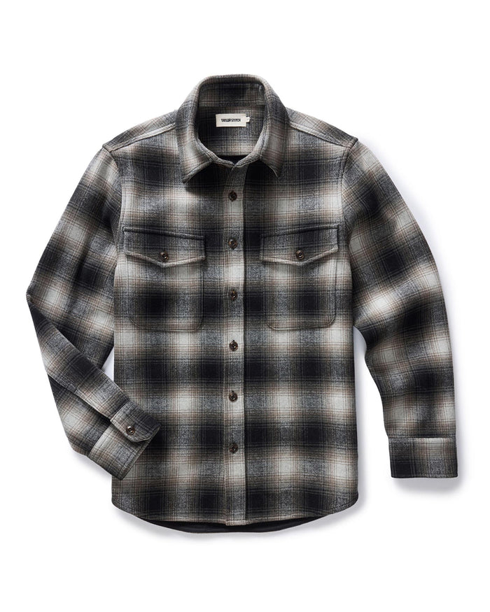 flatlay of The Maritime Shirt Jacket in Olive Plaid