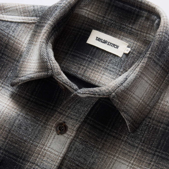 material shot of the collar on The Maritime Shirt Jacket in Olive Plaid
