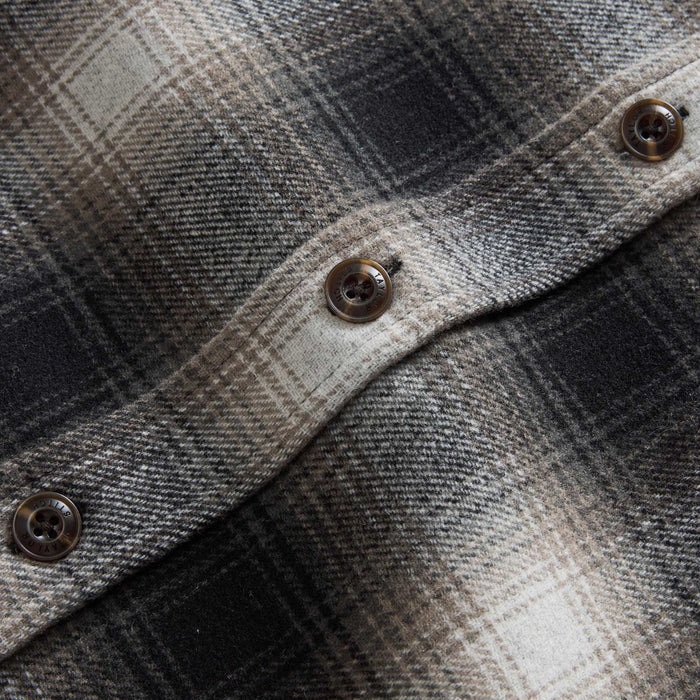 material shot of the buttons on The Maritime Shirt Jacket in Olive Plaid