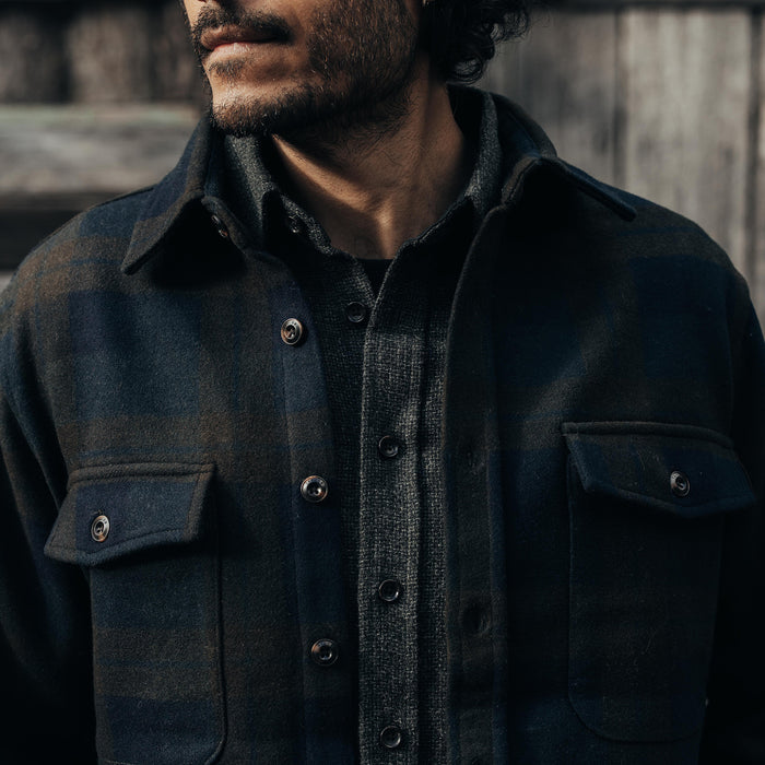 fit model showing details on The Maritime Shirt Jacket in Pike Plaid