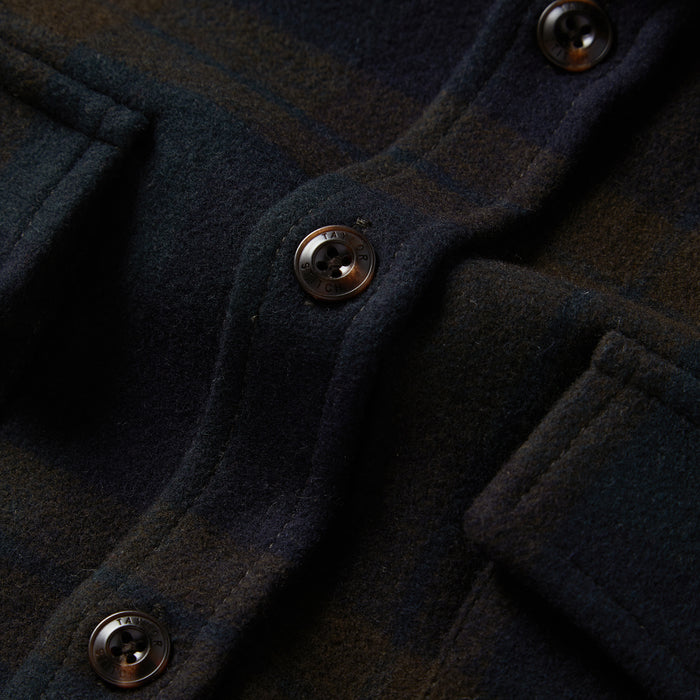 material shot of the buttons on The Maritime Shirt Jacket in Pike Plaid