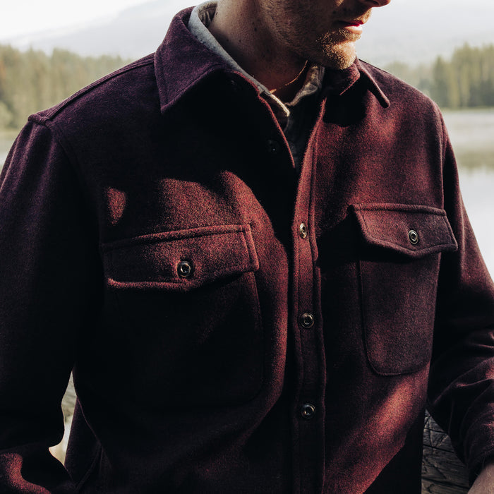 fit model posing in The Maritime Shirt Jacket in Port Twill