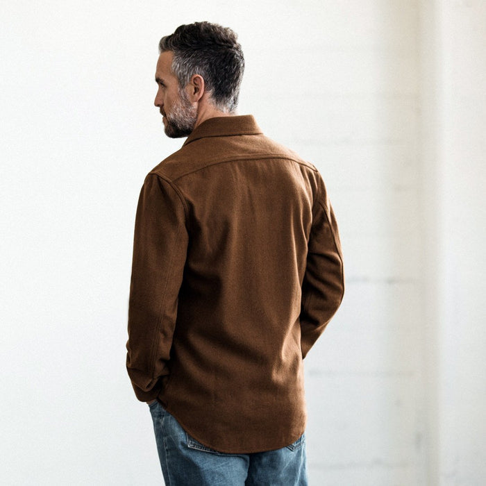 our fit model wearing The Maritime Shirt Jacket in Rust
