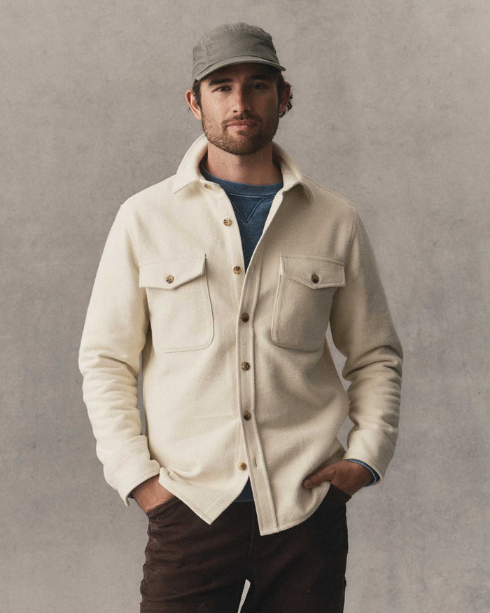 fit model posing in The Maritime Shirt Jacket in Vintage White Moleskin Twill