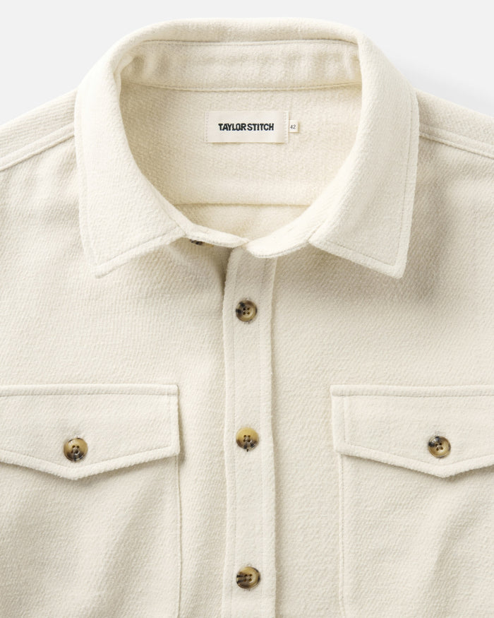 material shot of the collar on The Maritime Shirt Jacket in Vintage White Moleskin Twill