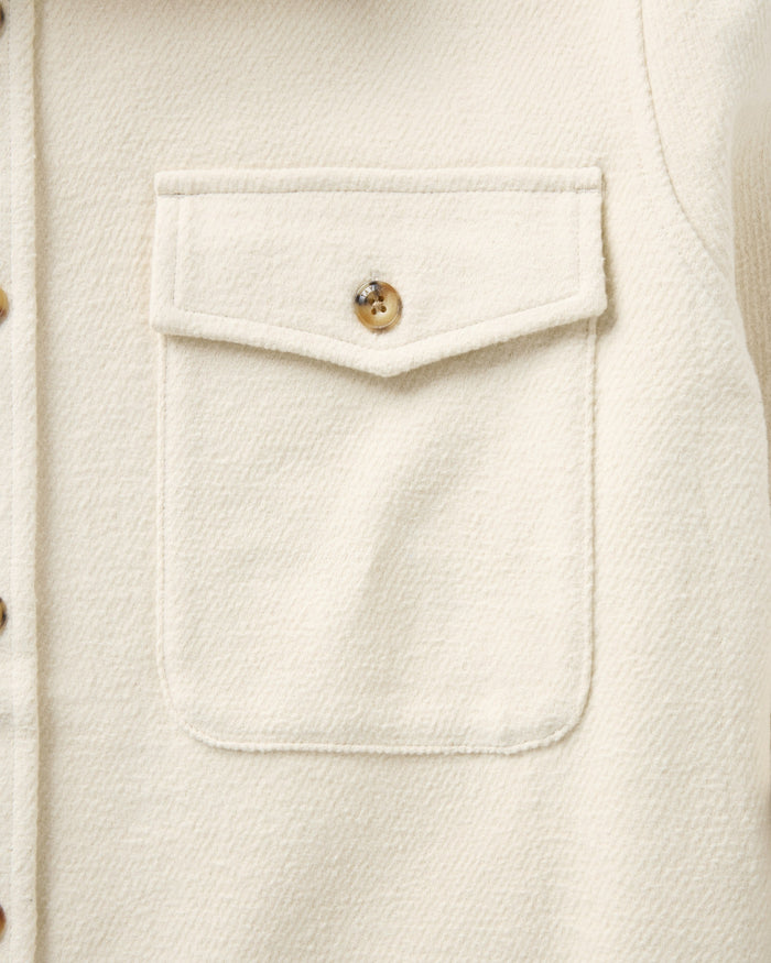 material shot of the pocket on The Maritime Shirt Jacket in Vintage White Moleskin Twill