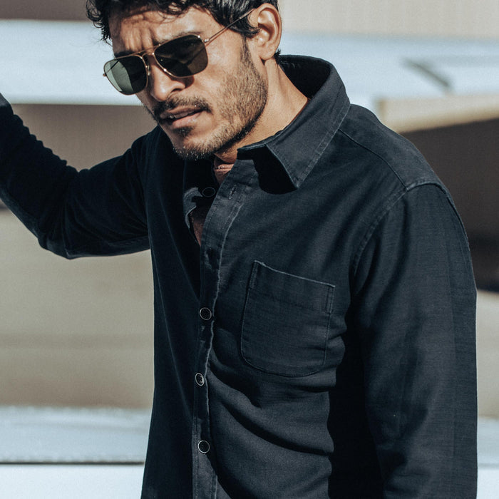 our fit model wearing The Mechanic Shirt in Black Reverse Sateen