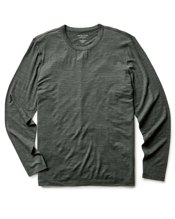 flatlay of The Merino Long Sleeve Tee in Heather Army