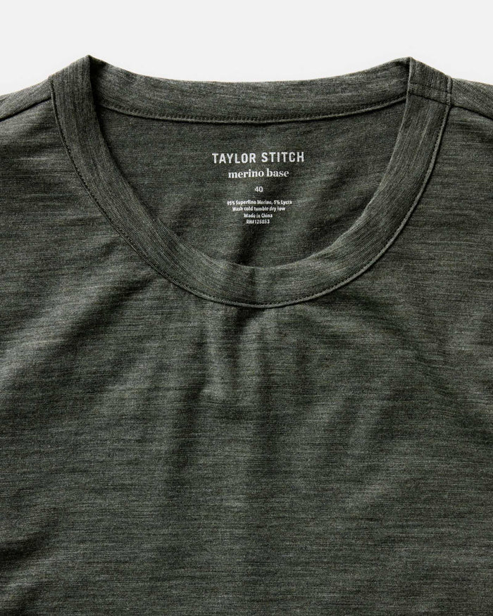 material shot of the collar on The Merino Long Sleeve Tee in Heather Army