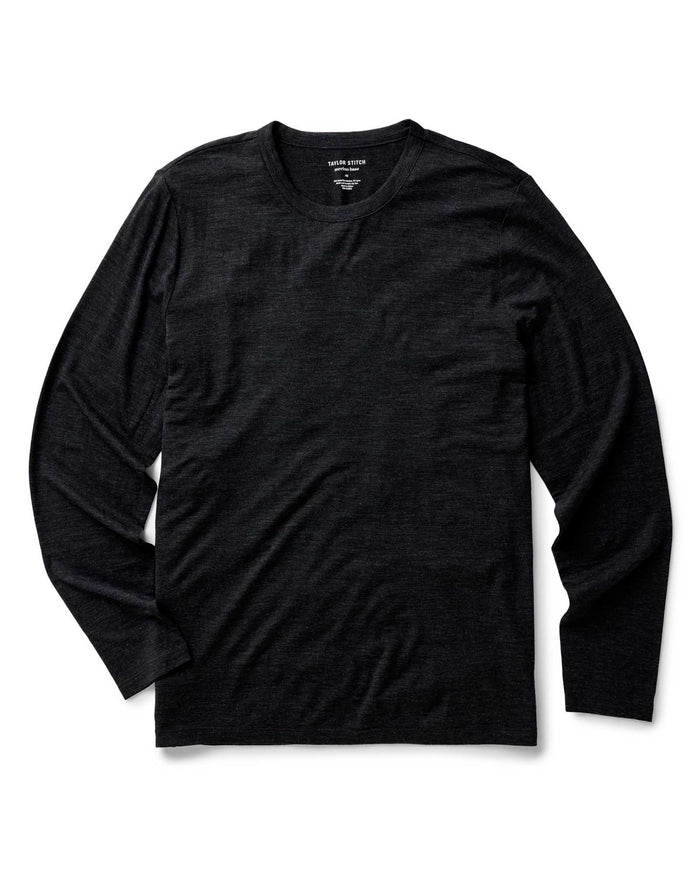 flatlay of The Merino Long Sleeve Tee in Heather Black
