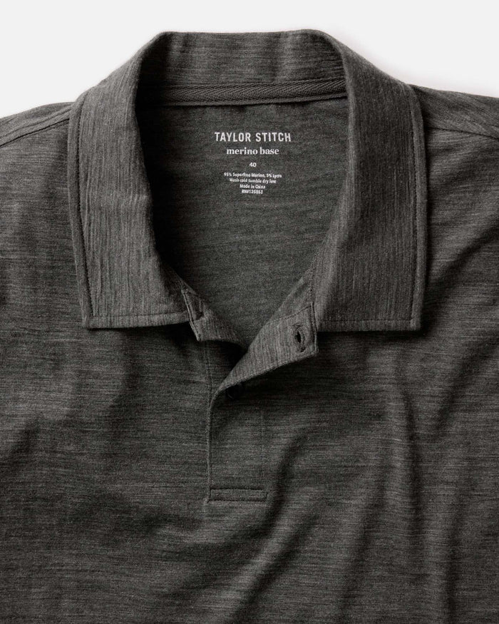 material shot of the collar on The Merino Polo in Heather Army